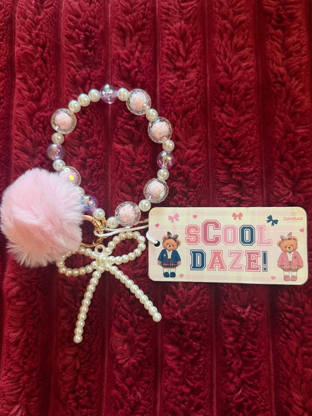Pink Pearl Pompom Kids Bracelet Keychain -